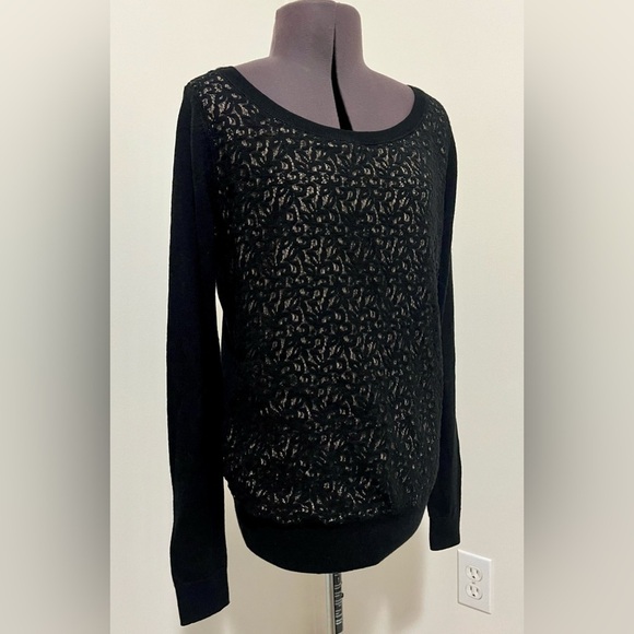 LOFT Sweaters - Ann Taylor Loft Black Sheer Lace Sweater with Tan Chiffon Panel Size S